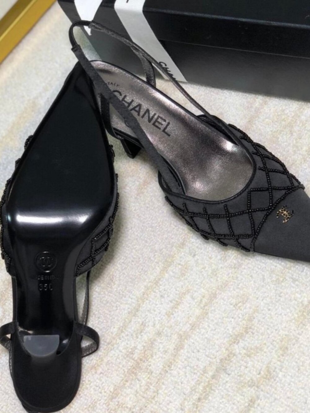 CHANEL Black Satin Pointed Toe Slingback Heels